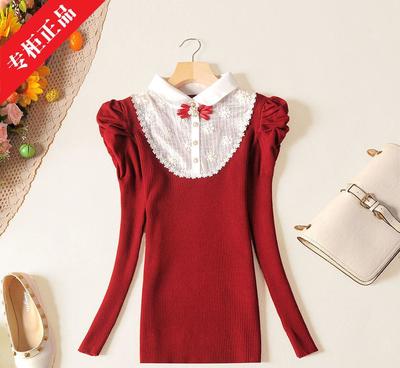 2014秋韓版娃娃翻領(lǐng)刺繡拼接針織衫 時尚與舒適的完美融合